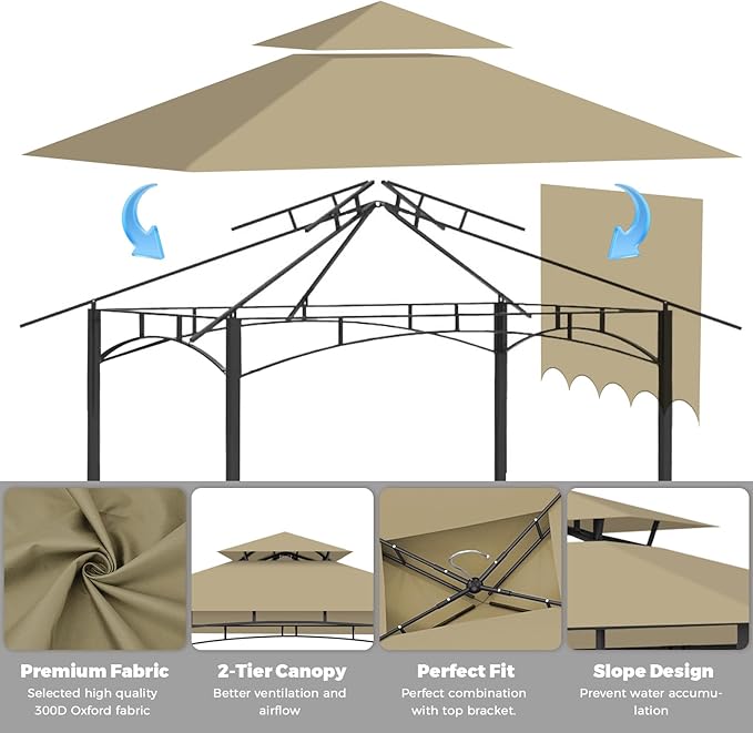 Grill Gazebo Replacement Canopy Top Only - 5' x 11' Outdoor BBQ Gazebo Canopy Roof with Extra Side Awning, Waterproof Double Tiered Shelter Cover (Khaki, 5x11)