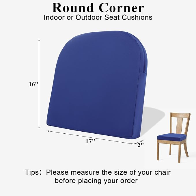 Topotdor Outdoor Chair Cushions for Patio Furniture,Waterproof Patio Chair Cushions Set of 2,Indoor/Outdoor Round Corner Chair Seat Cushion with Ties,17"x16"x2" Blue