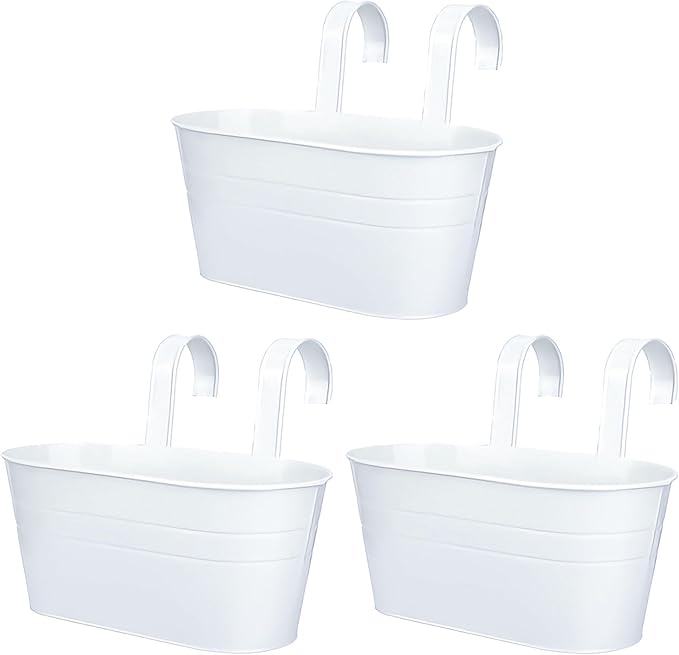 10.6 Inch 3 Pack Long Slot Wrought Iron Hanging Flower Pots Small Metal Hanging Flower Basket with Removable Hooks and Drainage Holes Suitable for Porch Railing Balcony Fence Garden (BS)