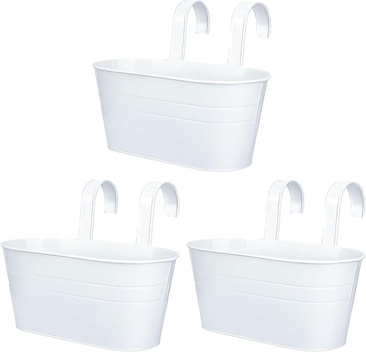 10.6 Inch 3 Pack Long Slot Wrought Iron Hanging Flower Pots Small Metal Hanging Flower Basket with Removable Hooks and Drainage Holes Suitable for Porch Railing Balcony Fence Garden (BS)