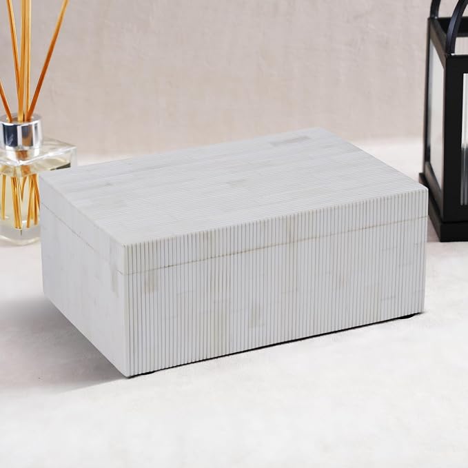 Handicrafts Home Large Decorative Storage Box with Lid – 12X8X5” Coffee Table Organizer, Keepsake- Decorative Boxes for Home Decor, Stylish Decorative Box for Office Decor-White Stripped