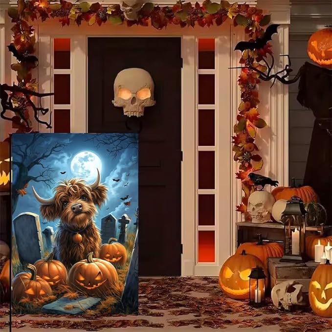 Happy Halloween Garden Flag 12x18 Double Sided, Small Burlap Holiday Graveyard Pumpkin High Cow Garden Flags for Outside Halloween Decorations Outdoor Yard Lawn Porch Décor