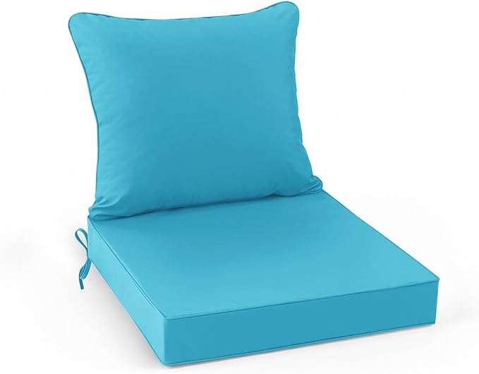 Summsun Waterproof Outdoor Cushions for Patio Furniture, Fade Resistant Backrest and Deep Seat Cushion Set with Removable Cover, 24 x 24 Inch, Teal, 1 Set