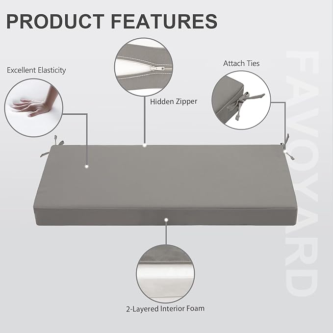 Favoyard Outdoor Bench Cushion 59 x 18 Inch Waterproof Patio Furniture Cushions 3-Year Color Fastness Garden Sofa Settee Couch Swing Pads with Handle and Attach Ties, Light Gray