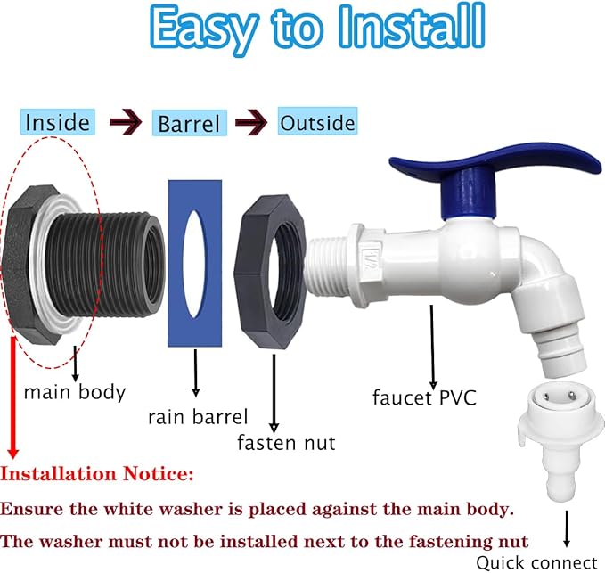 2 Pack 1/2" Rain Barrel Spigot Kit with PVC Bulkhead Fitting Hole Saw and Thread Seal Tape, Rain Barrel Faucet Kit for Water Tanks, Tubs, Garden Barrels
