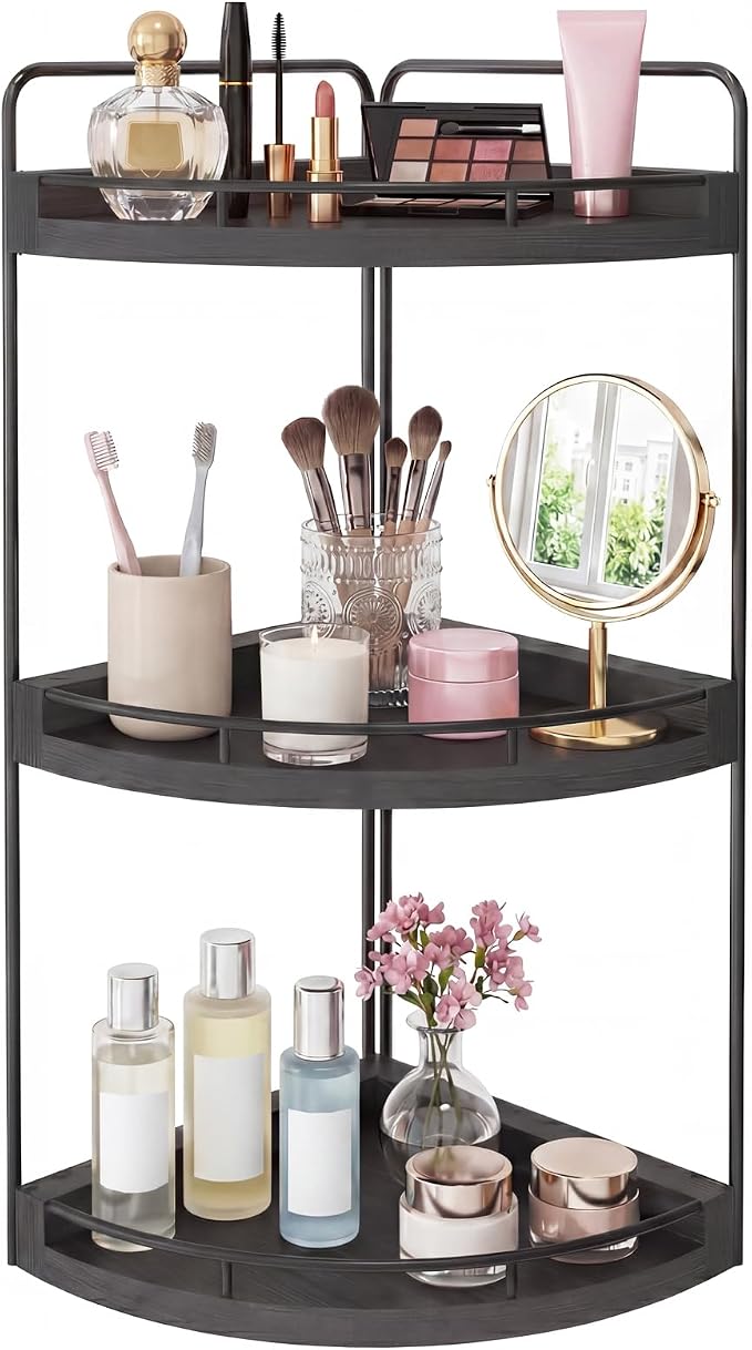 Fixwal 3 Tier Corner Bathroom Countertop Organizer Vanity Wood Shelf Black