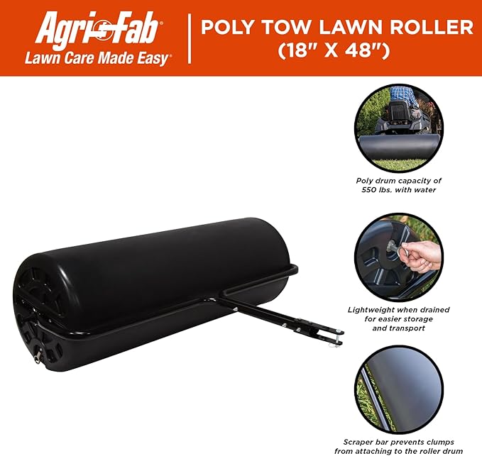 Agri-Fab 45-0604 18" x 48" Tow Behind Poly Lawn Roller 550 lbs Weight with Water, Poly Drum and Steel Frame, with Plug. Designed for Lawn and Garden Tractors