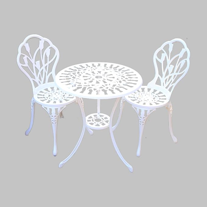 KAILI Patio Bistro Sets 3 Piece cast Aluminum Patio Furniture Outdoor Garden Metal Rust Proof Tables and Chairs White bisrto Set (Tulips-White)