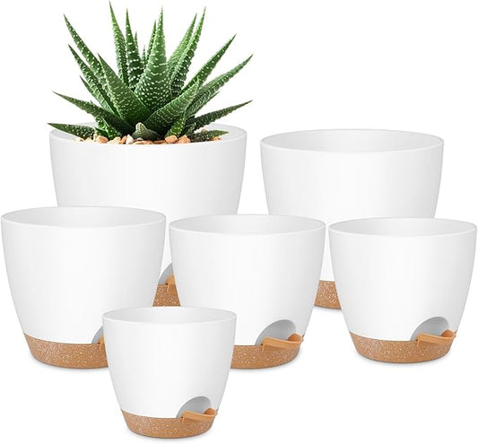 QRRICA Plant Pots 8/7/6.5/6/5.5/5 Inch Self Watering Pots, Set of 6 Plastic Planters with Drainage Holes and Saucers,Plastic Flower Pots,Nursery Planting Pot for Indoor Out Door Plants（White）