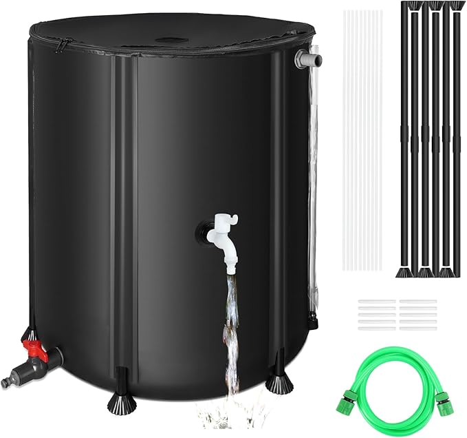 YAFF Collapsible Rain Barrel 53 Gallon Rainwater Collect System Water Storage Tank to Collect Rainwater from Gutter Downspout Water Catcher with Filter Spigot Overflow Kit for Garden, Lawn, Black