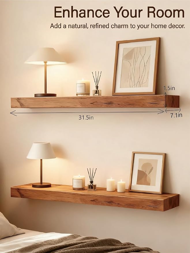 Solid Wood Floating Shelves,31.5in Finished Real Wood Wall Shelves with Heavy-Duty Hidden Bracket, Easy Installation, Set of 2, 31.5in x 7.1in x 1.5in, for Living Room Bedroom Kitchen,Bronze