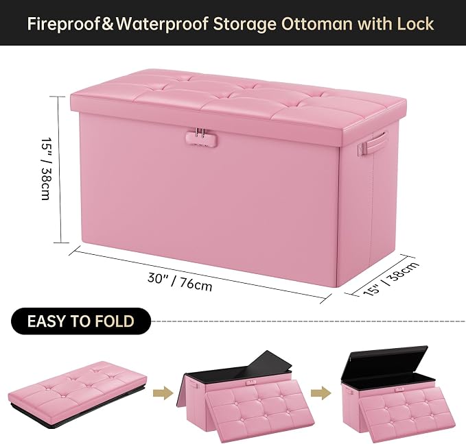 DocSafe Storage Ottoman Bench with Lock,Fireproof 30 Inches Folding Bench Foot Rest Stool Storage Chest Safe for Living Room,Bedroom,Home Office,Waterproof Leather Ottoman with Handles,Pink