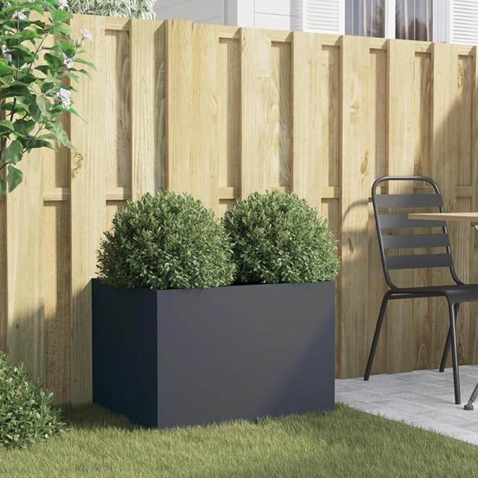 Anthracite Cold-Rolled Steel Planter with Decorative Inlays, 24.4 x 18.5 x 18.1 Inch Modern Rectangular Container for Outdoor Garden Balcony Patio, Durable Powder Coated