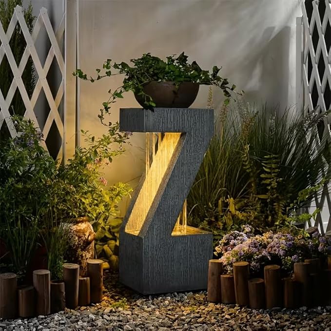 32" Modern Z-Shaped Rain Curtain Outdoor Fountain with LED Lights, Gray Resin Cascading Waterfall Water Feature for Patio, Backyard, Garden or Porch