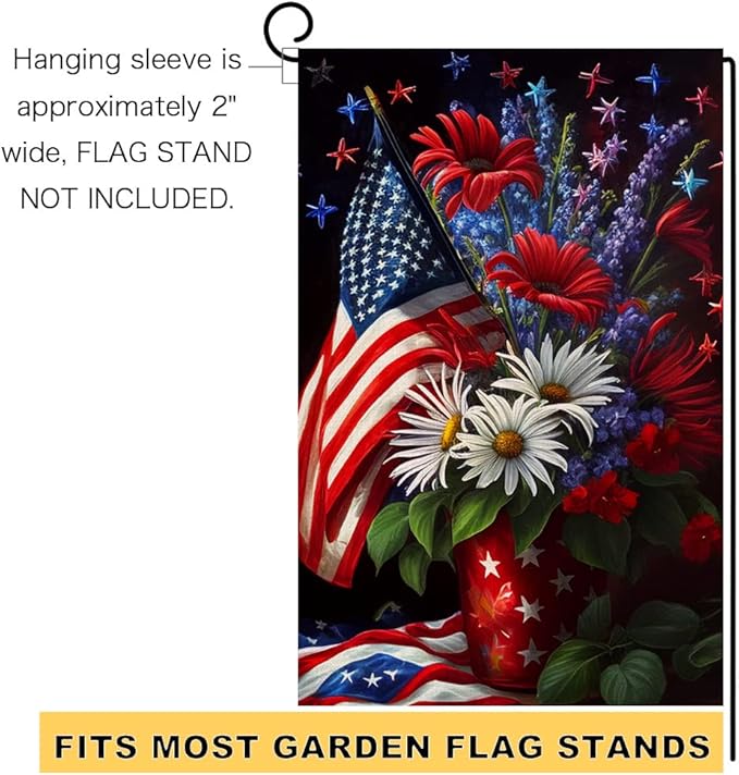 4th of July Floral Garden Flag 12x18 Vertical Double Sided Patriotic USA Flag Red Blue Memorial Day Independence Day Outside Decorations Burlap Yard Flag BW299