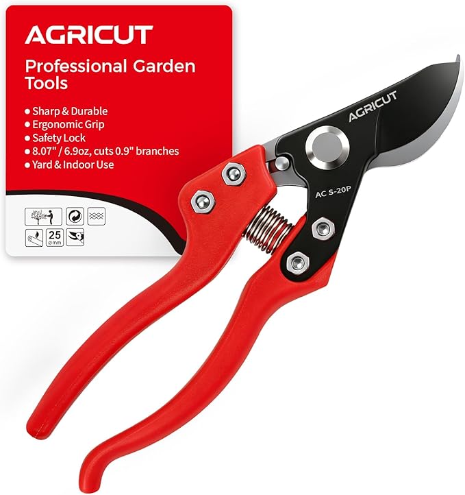 AGRICUT Pruning Shears, 7/8-Inch Cut Capacity Hand Clippers, Bypass Pruners, Gardening Scissors with Sharp Steel Blade (Nylon Handle, High Carbon Steel PRO)