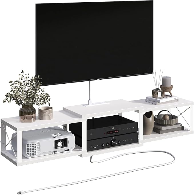MAHANCRIS 43.7” Floating TV Stand with Power Outlet, Wall-Mounted Entertainment Center, Floating Metal Frame Media Console Shelf for Under TV Storage, for Living Room, Bedroom, White TVBW101E01