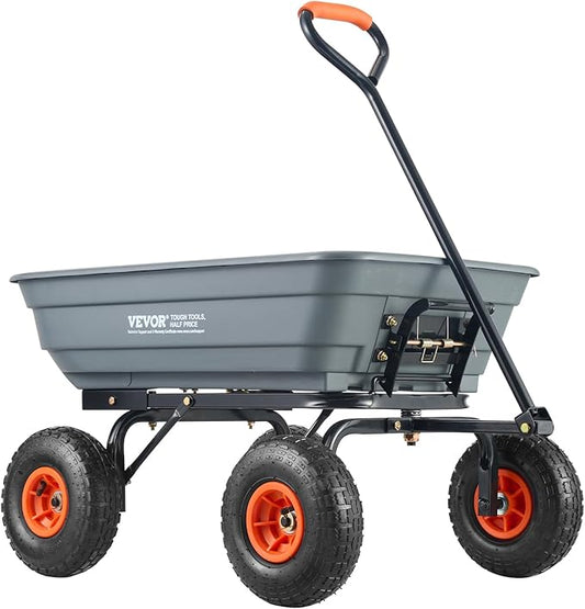 VEVOR 4 Cu.Ft. 600lbs Poly Garden Dump Cart, Heavy Duty 4 Wheel Wheelbarrow Yard Cart Dump Wagon with 10in All Terrain Wheels, Steel Frame and Quick Release System
