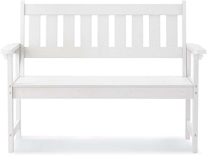 LUE BONA Outdoor Bench, 2-Person HDPS Garden Bench, Outdoor Benches Weatherproof, All-Weather Fade/Rot Resistant Patio Bench for Park, Front Porch, Backyard (White)