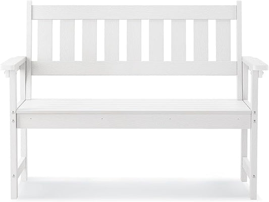 LUE BONA Outdoor Bench, 2-Person HDPS Garden Bench, Outdoor Benches Weatherproof, All-Weather Fade/Rot Resistant Patio Bench for Park, Front Porch, Backyard (White)