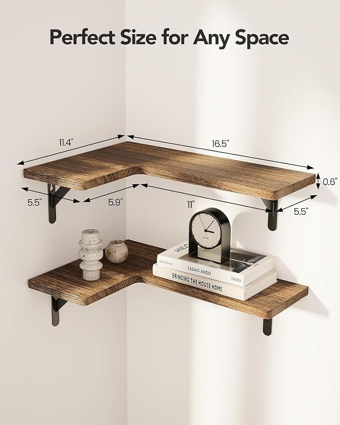 Amada Corner Floating Shelves, Paulownia Wood, Set of 4, Brown | Corner Wall Shelves with Triangular Metal Bracket, 44 lbs Capacity per Shelf, L-Shaped Design for Home Decor, Office, Bedroom