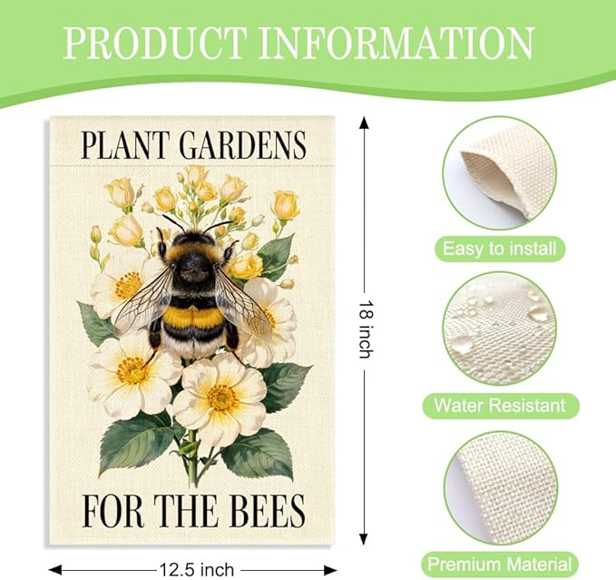 Plant Gardens for the Bees Garden Flag, 12 x 18 Inch Double Sided Bumblebee Floral Outdoor Yard Decor, Meaningful Eco Friendly Gifts for Beekeeper Pollinator Advocates Gardening Enthusiast