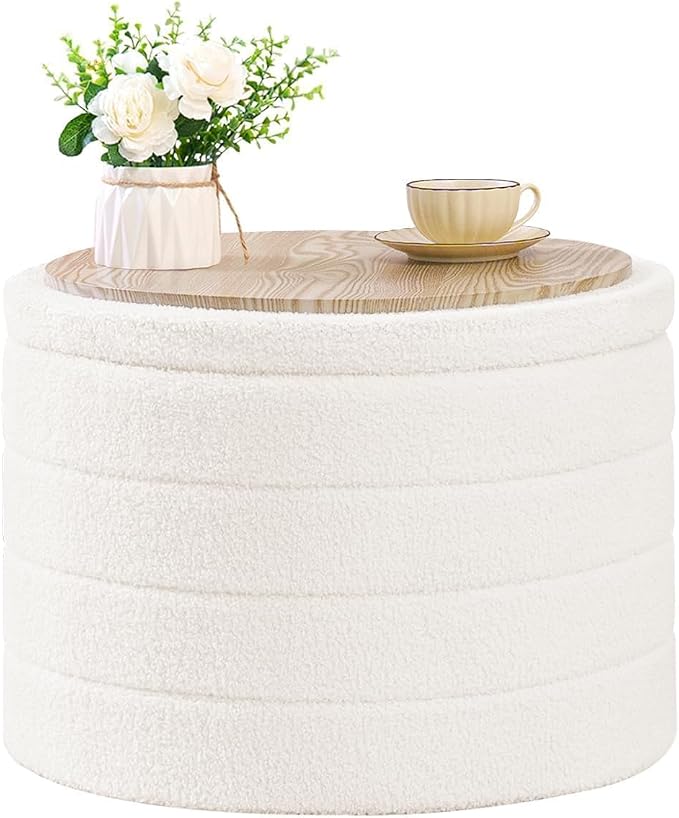 B FSOBEIIALEO Folding Storage Ottoman, Round Sherpa Ottomans, Cream White