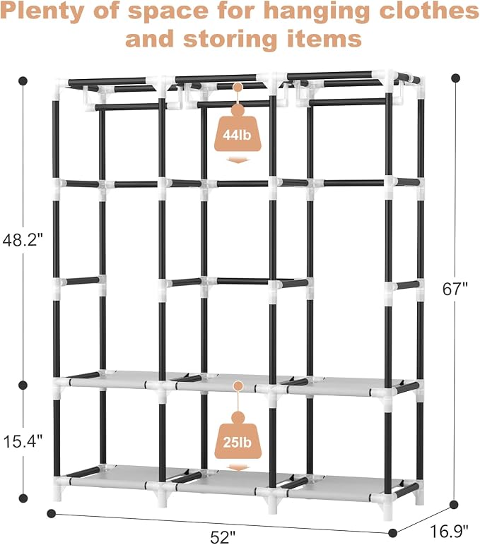 VTRIN Portable Closet Wardrobe for Hanging Clothes Closet with Cover, 3 Hanging rods, 6 Storage Shelves and Side Pocket, Diameter 19mm Metal Pipe, Sturdy Free Standing Closet for Bedroom
