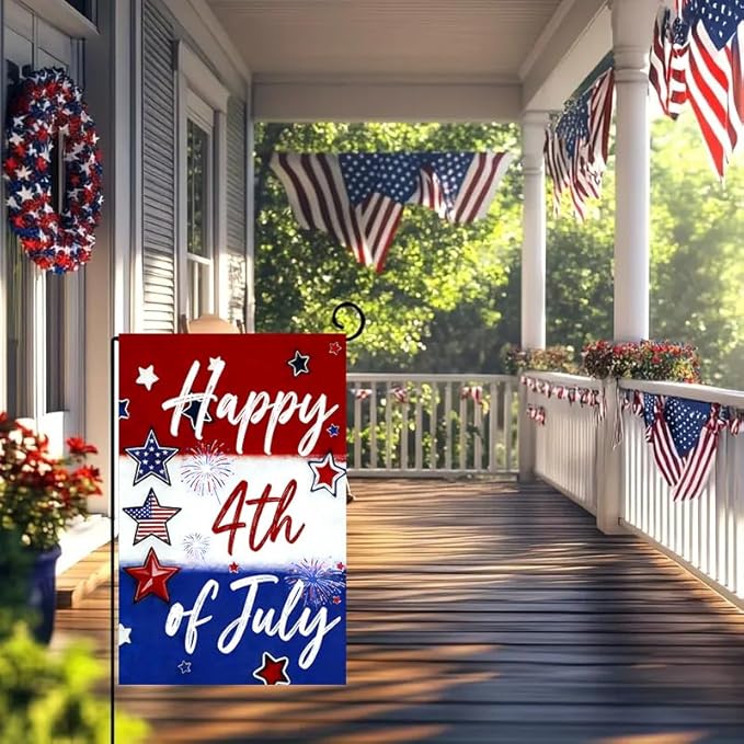 Happy 4th of July Fireworks Star Garden Flag 12x18 Double Sided, Small Burlap Holiday Independence Day Memorial Day Patriotic Yard Flags for Outside Fourth of July Decoration Outdoor Garden Décor