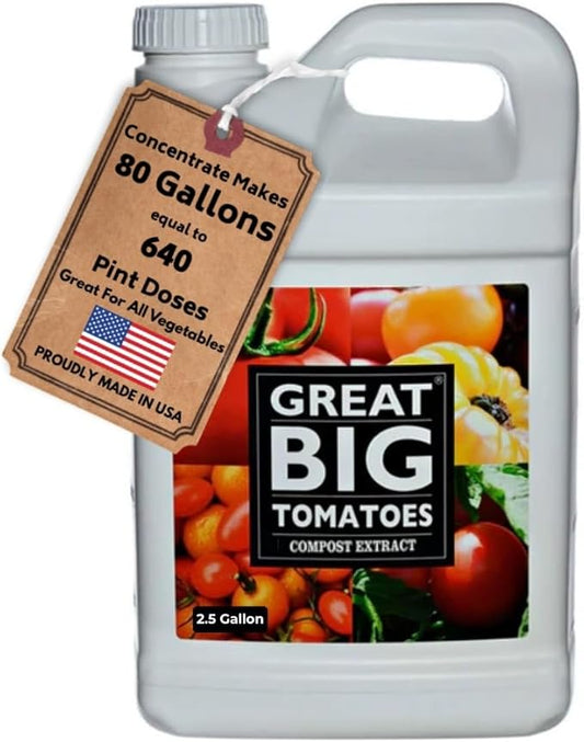 Great Big Tomatoes Soil & Fertilizer Booster for Big Vegetable Yields, Better Fertilizer & Plant Food Efficiency, & Garden Performance. Perfect for Beginners. 2.5 Gallon Concentrate (Makes 80 Gallons)