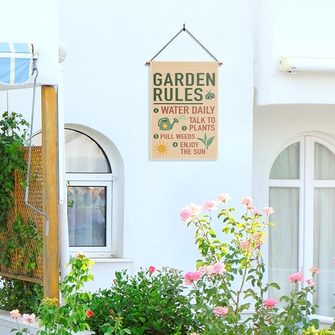 Garden Rules Double Sided Garden Flag, Funny Sping Yard Sign for Outside, Gardening Gifts for Nature Lover, Spring Shed Lawn Porch Farmhouse Patio Outdoor Decor Banner, Planting Lover Gifts