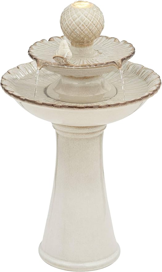 Bathing Bird 26 3/4" High Large Italian Outdoor Cottage Core Decor Cream Ceramic Floor Fountain with Light LED Waterfall 2-Tier Standing Basin Water Feature for Outside Garden Patio - John Timberland