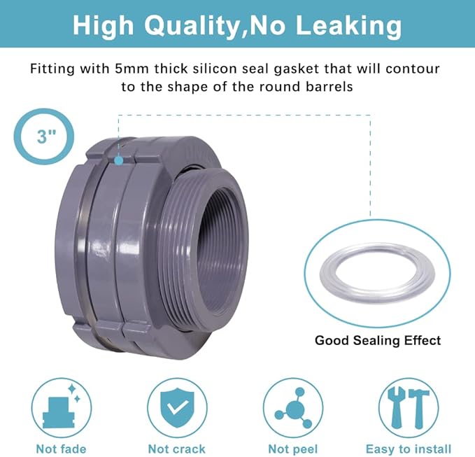 Ququyi 3 Inch PVC Bulkhead Water Tank Connector Adapter Fitting with Plugs Thru-Bulk Pipe Fitting for Rain Barrels, Aquariums, Ponds(Set of 1)