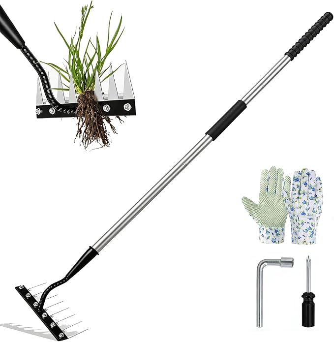Upgraded Iron Weeding Tool with Adjustable Length Long Handle (28"-60") 3.0,Garden Weed Puller Tool ,8 Tines Manual Weeder Rake,Heavy Duty Weed Puller for Removing Weeds,Lawn, Flower Beds and Aeration