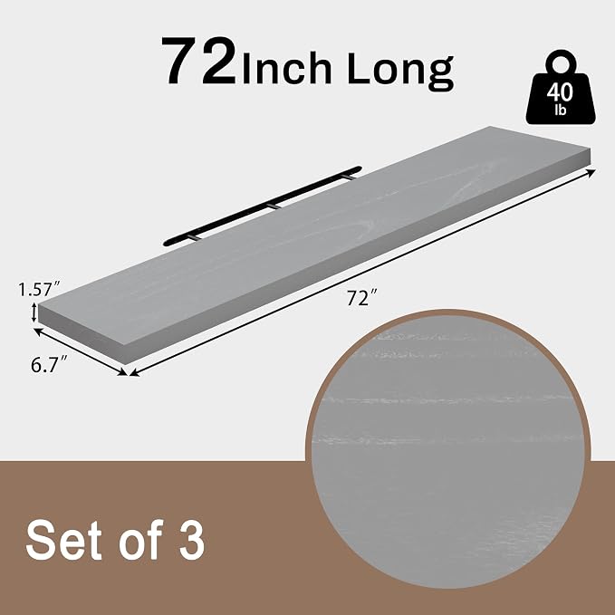 72 Inch Floating Shelves for Wall, Set of 3 | Wood Wall Mounted Shelves with Invisible Brackets, Rustic Farmhouse Extra Long Shelf for Bedroom Living Room Kitchen (Grey)