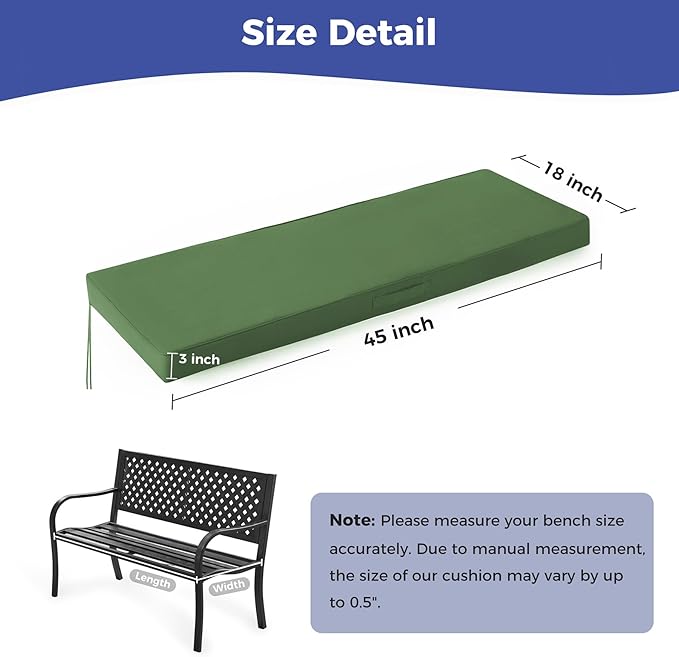 IPYNBAP Outdoor Bench Cushions for Outdoor Furniture, 45x18x3 Inch, Waterproof Bench Pillow, Fade Resistant Long Bench Seat Pads for Garden, Indoor, Porch Swing, Army Green
