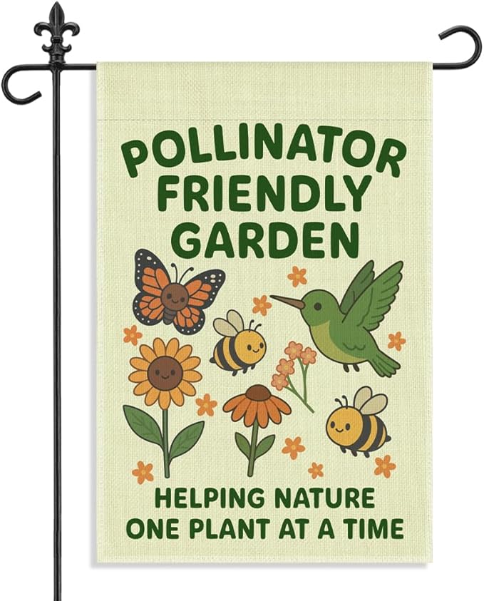 Pollinator Friendly Garden One Plant at A Time Garden Flag, 12 x 18 Inch Double Sided Butterfly Hummingbird Outdoor Yard Decor, Wildlife Garden Banner for Pollinator Advocate Nature Lover