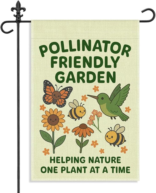 Pollinator Friendly Garden One Plant at A Time Garden Flag, 12 x 18 Inch Double Sided Butterfly Hummingbird Outdoor Yard Decor, Wildlife Garden Banner for Pollinator Advocate Nature Lover