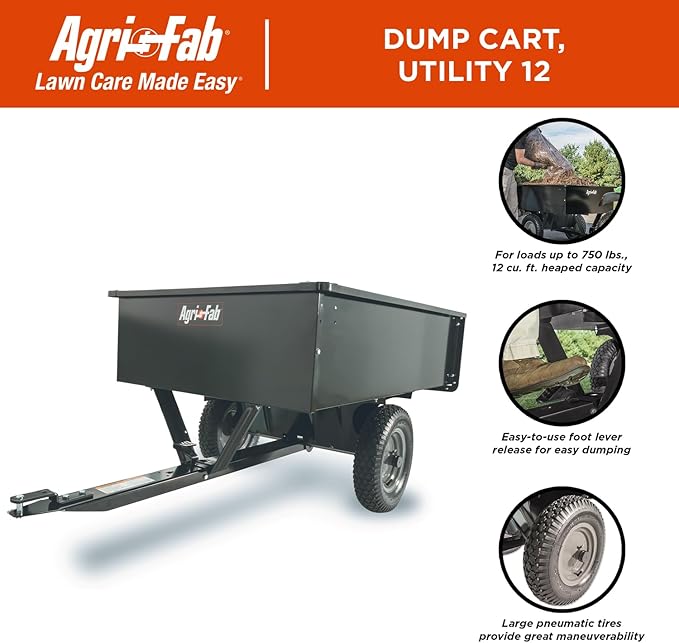 Agri-Fab 45-0101 Steel Utility Lawn & Garden Dump Cart, For Riding Lawn Mowers, 12 cu ft/750# Capacity; 16" Pneumatic Wheels, Easy Foot-Lever Dumping