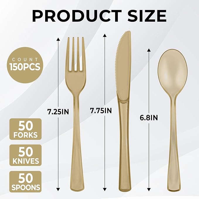 150 PCS Plastic Silverware Disposable Silverware Heavy Duty Utensil Sets 50 Of Each Forks Knives & Spoons Disposable Cutlery Set For Easter,Birthday,Baby Shower,Garden Party,Wedding(150,Gold)