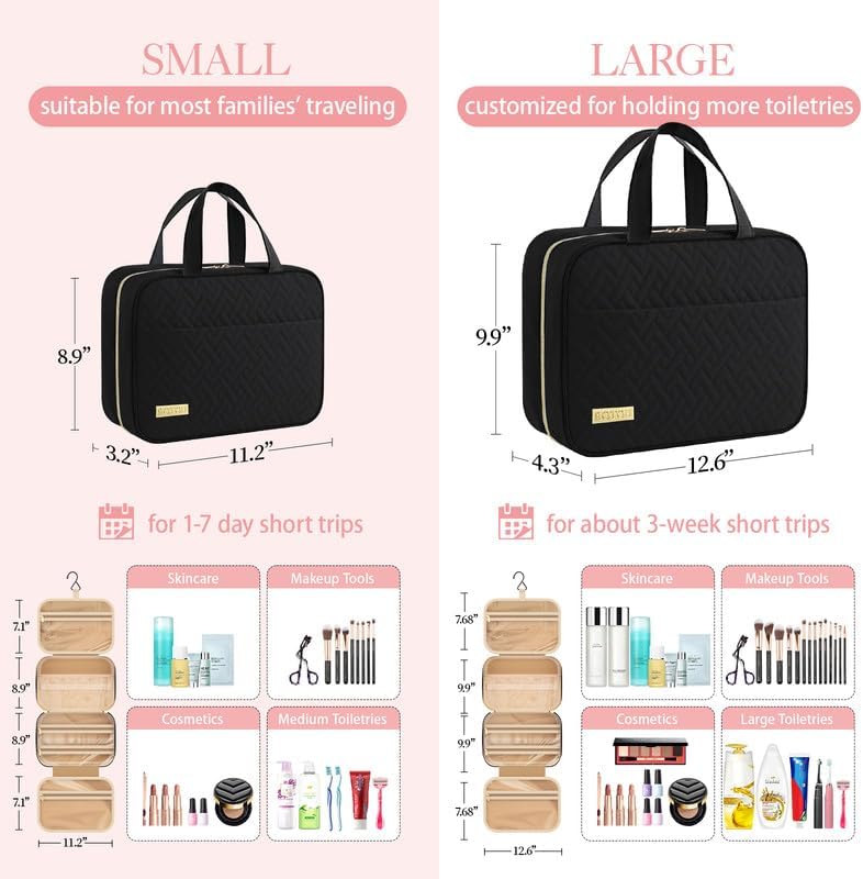 HOTOR Hanging Travel Toiletry Bag Women Men Essentials Black | Big Compartment, Waterproof Travel Accessories, Makeup Organizer Cosmetic Bag for Cruise, Gift, Road Trip, Vacation, Medium