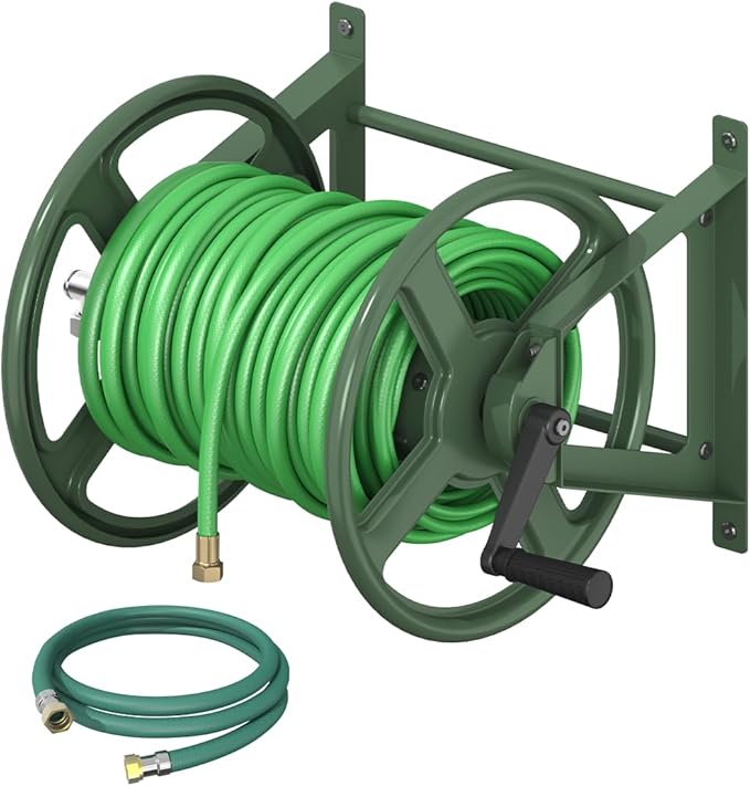 Garden Hose Reel Wall Mounted, Heavy-Duty Water Hose Holder Winder with 3.9 ft Leader Hose & Brass Fitting, Hose Hanger Storage Rack Holds 125-Feet of, 5/8-Inch, for Yard Lawn Farm, Green