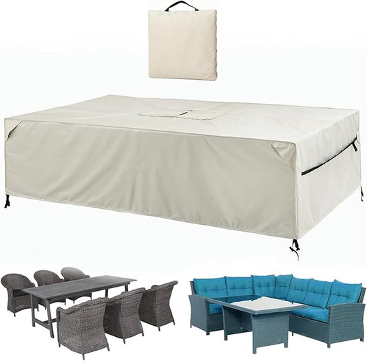 Patio Furniture Covers Waterproof - 420D Outdoor Table and Chair Set Cover with Built-in Storage Bag - Rectangular Patio Table Cover for 6-Seat Dining Set or Sectional Sofa - Beige