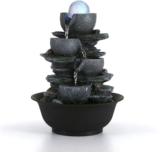 Dyna-Living Tabletop Water Fountain Indoor Waterfalls Fountains with Colored LED Light Decorative Tabletop Fountain with Automatic Pump, Desktop Indoor Water Fountains for Office Relaxing