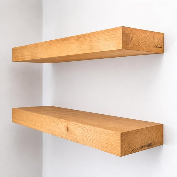 Urbandi Modern Floating Shelves 3 Inches Thick for Wall, Wide Shelves for Kitchen, Living Room, Bedroom, and Bathroom, Natural Pine Wood, Rustic Wooden Shelf, (Set of 2) (Aged Oak, 24Lx3Hx8D)