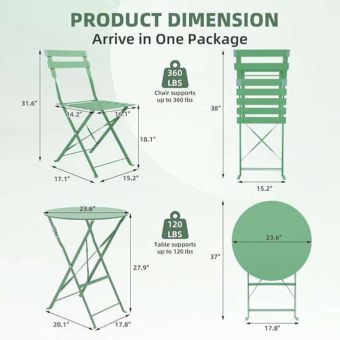 3-Piece Folding Bistro Set, 2 Chairs and 1 Coffee Table, Space Saving Weather-Resistant Frame, Portable Indoor/Outdoor Patio Furniture Conversation Set for Garden Porch Balcony Deck - Green