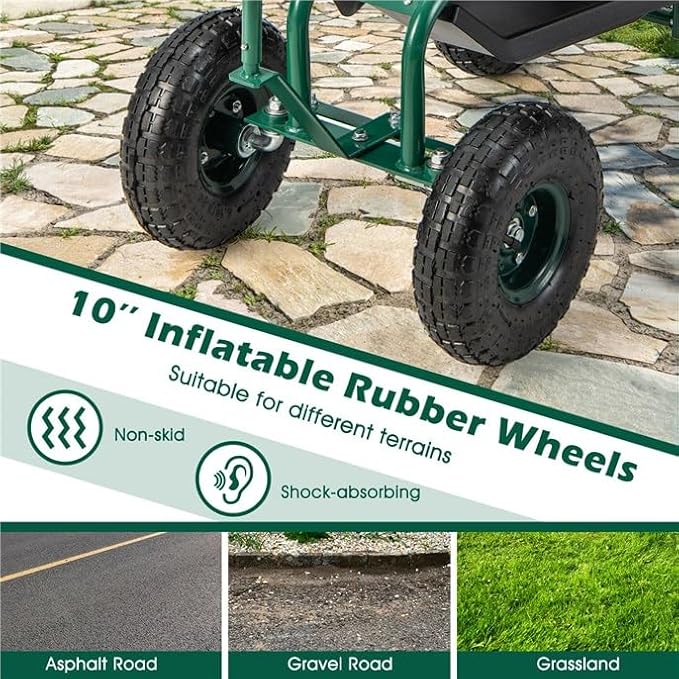 ERGOMASTER Garden Cart Rolling Workseat with Wheels,2 Steering Handles,360 Degree Swivel Seat & Tool Storage, Use for Patio, Yard, and Outdoors Workseat, Green