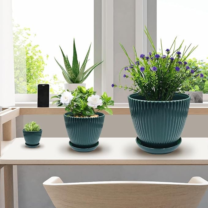RooTrimmer 7.5/6.5/5.5/4.9/4.2/3.5 Inch Plant Pots with Saucers & Drain Holes - Indoor/Outdoor Flower Pots for Succulents, Herbs, Cactus - Modern Lightweight Durable Planter Set, Dark Green