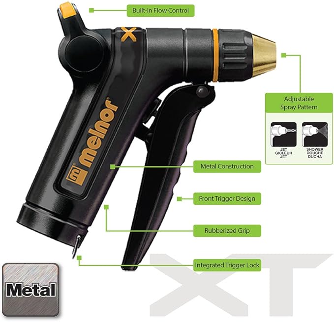 Melnor XT300; Heavy-Duty Metal Nozzle with Front Trigger; Flow Control; Adjustable Spray Nozzle Tip; 1 Pack