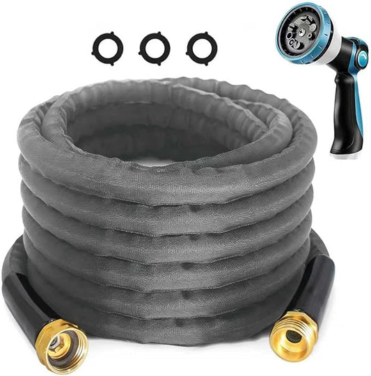 Aterr 25FT Garden Hose, Lightweight & Kink-Free Water Hose with 10-Pattern Nozzle, 3/4" GHT Non-Expanding Flexible Hose, Abrasion-Resistant, Leak-Proof Metal Fittings for Yard, Car, Pet - Black